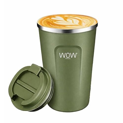 wowtravel Insulated Travel Mug Stainless Steel Coffee Cup Leakproof Vacuum Flask Hot and Cold Drinks 380ml 500ml Reusable Cup with Lid Fits Car Cup Holder Black Khaki (Khaki, 500ml)