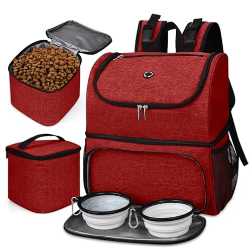 BAGLHER Dog Pet Travel Bag, Double-Layer Pet Supplies Backpack (for All Pet Travel Supplies), Pet Travel Backpack with 2 Silicone Collapsible Bowls, 2 Food Baskets, Pet Accessories Red
