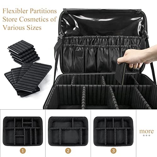 Makeup Organiser Bag Make up Case: Large Travel Cosmetic Case Organiser Professional Portable Makeup Storage Bag for Toiletry Make Up Artist Tool Brush Vanity Beauty Box with Adjustable Dividers — view 2