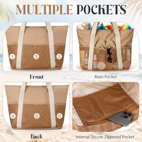 Aliceset 6 Pack Waterproof Beach Bags Bulk Sandproof Travel Tote Bag for Women with 6 Mesh Pockets Large Capacity Organizer for Travel Swim Vacation — view 5
