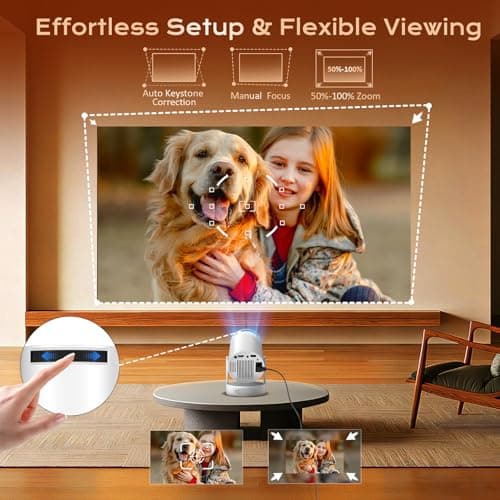 Projector 4K, HD 1080P Supported Mini Projector Auto Keystone & Focus 22000 Lumen 200 ANSI Bightness WIFI 6 & Bluetooth Home Theatre 200" 270° Rotatable Stand for Bedroom Outdoor Phone — view 4