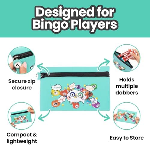 evelay Bingo Dabber Case Holder Storage Bag | Fun Bingo-Themed Design | Holds Multiple Dabbers & Pens | Lightweight Travel Case with Lucky Number Zip Pull | Teal — view 4