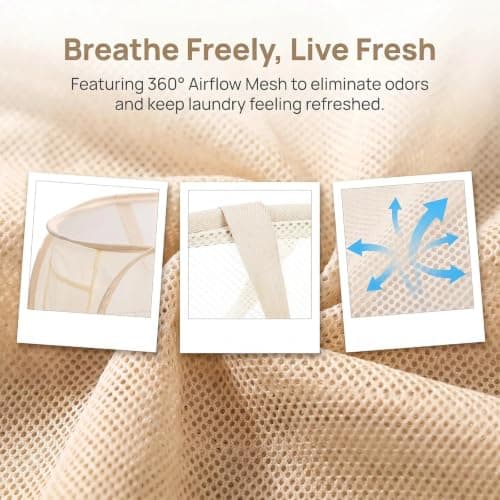 HUANYO Durable Collapsible Laundry Basket, Mesh Pop-up Laundry Hamper with Handy Pocket and Reinforced Carry Handles, Foldable Clothes Hamper for Bathroom, Kids Room or Travel (beige) — view 6