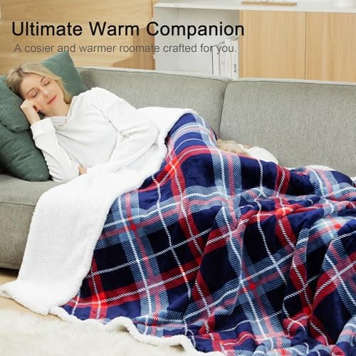 Winthome Double-Layered Sherpa Fleece Throw Blanket - Ultra Soft, Breathable & Warm Thick Blanket, Eco-Friendly Microfiber Blankets for Bed,Sofa Machine Washable Throw/Single Size Blue Check 130*170cm — view 5