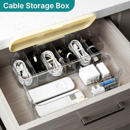 EVERGOODS Dual Layer Charger Storage Box 7 Compartment Data Tidy Cable Management Box, Cord Organizer Box for Desk - Holds Chargers Plastic Storage Box for Charger Organiser (Cream, 8.9"x3.7"x4.9") — view 6