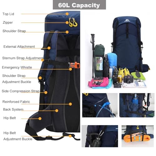 Hnayett 60L Hiking Backpack Waterproof Rucksack Large Camping Bag with Rain Cover for Men Women Lightweight Back Pack for Trekking Walking Cycling Climbing Travelling Outdoor Sports — view 4