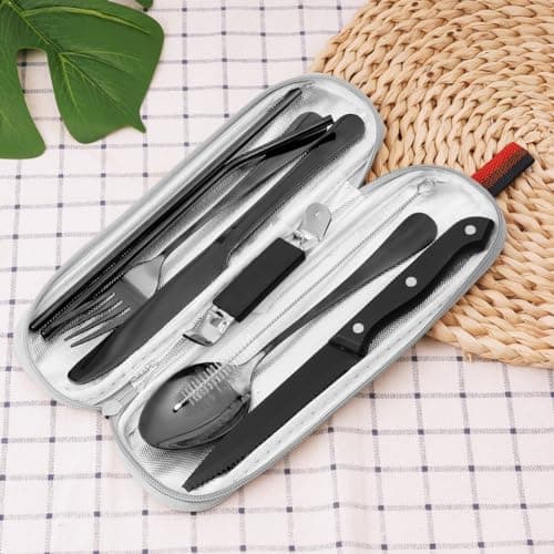 HOTUT Travel Cutlery Set with Portable Pouch Case, 9 Pcs Camping Cutlery Set with Bottle Opener Straw Spoon Knife Fork, Stainless Steel Flatware Set Portable Utensils for Outdoor Travel Picnic Office — view 5