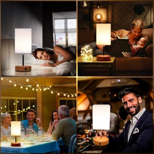 6000mAh Bedside Lamps, 10.8" Touch Control Rechargeable Table Lamp with Wood Grained Base & Fabric Lampshade, Dimmable Minimalist Wireless Battery Lamp for Living Room Bedroom Office Decor (1) — view 6