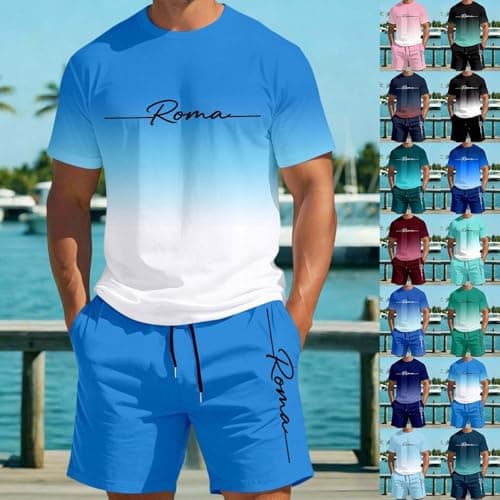 Mens Shorts Set Summer Beach Tracksuits Casual Short Sleeve Muscle Tee Shirts and Classic Fit Sport Shorts Set Tracksuit Sportwear Suits 2 Piece Travel Airport Outfits Jogging (#001 Light Blue,XXS) — view 6