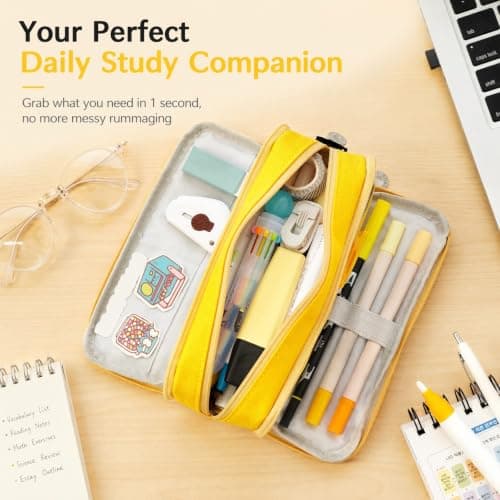 Large Capacity Pencil Case 3 Compartment Pouch Pen Bag for School, Yellow — view 3