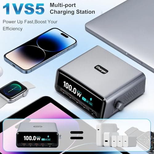 265W USB C Fast Charger, 5-in-1 USB Charging Station Hub (4C+1A), 2.3" LCD Display & Smart Control Knob, Multi Port Laptop Charger, Compatible with MacBook Pro/Air, iPad, iPhone 17/16/15, Galaxy S25 — view 4