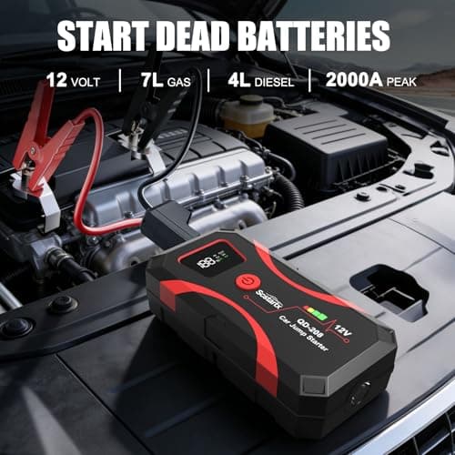 Car Battery Jump Starter, Portable Power Battery Pack 2000A Peak Jump Box for Motorcycle Up to 7L Gas & 4L Diesel 3 Modes Flashlight and Safety Jumper Clamps — view 2
