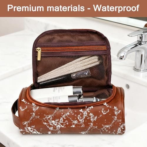 Leather Toiletry Bag Mens Wash Bag with 3 Compartments - Travel Toiletry Bag for Gym & Shaving, Small Washbag for Men, Perfect Travel Gifts for Men — view 4