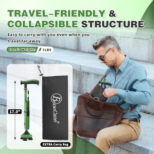 BeneCane Walking Cane for Men & Women Walking Stick for Seniors Folding Canes Quad Cane Adjustable Lightweight Sturdy Free Standing Collapsible Heavy Duty with Soft TPR T-Handle and Travel Bag — view 4
