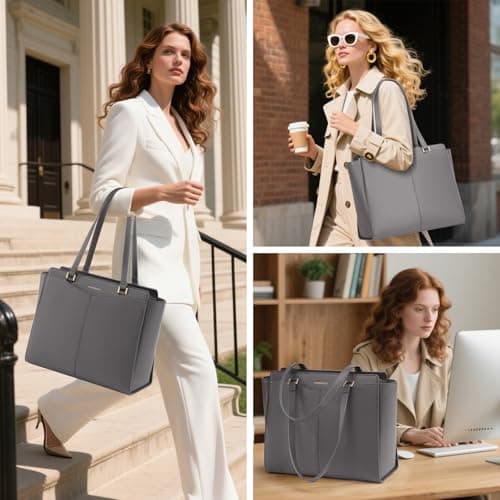 RAINSMORE Handbag for Women Large Laptop Tote Bag 14 Inch Waterproof PU Leather School Ladies Handbag with Zipper Pocket Work Shoulder Bags for Shopping Office Travel Business — view 2