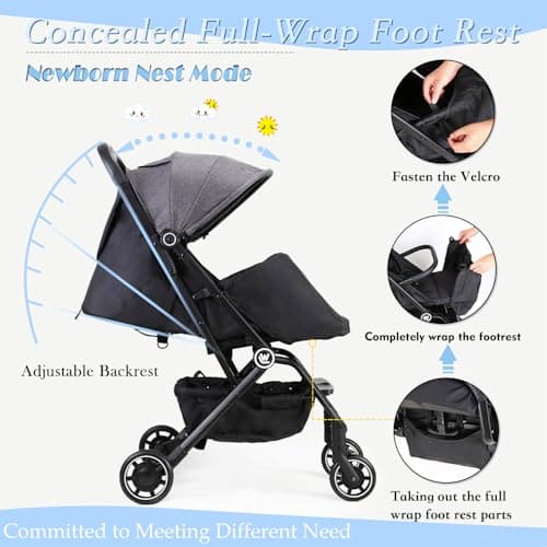 Rollingsurfer Lightweight Baby Stroller for Airplane, Compact Travel Pushchair with Retractable Foot Cover & Reclining Backrest, One Hand Fold Stroller — view 2