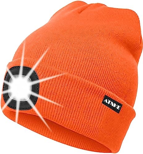 ATNKE LED Lighted Beanie Cap,USB Rechargeable Running Hat Ultra Bright 4 LED Waterproof Light Winter Warm Gifts for Men and Women/Bright Orange