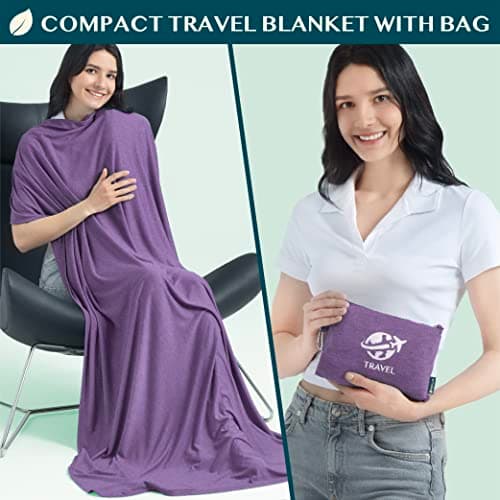 PAVILIA Soft Compact Travel Blanket and Pillow, Foldable Airplane Blanket in Bag, Lightweight Portable Flight Blanket Set with Luggage Strap, Camping Plane Car Home Office Gift Accessories, Purple — view 2
