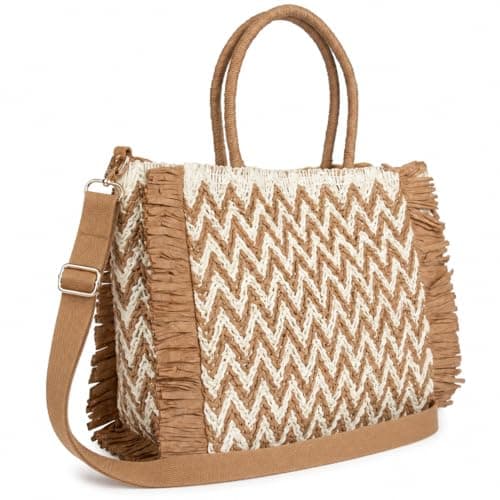 Woodland Leathers Womens Summer Bag, Straw Beach Bag, Large Woven Tote Bag with Raffia Fringe, Boho Chevron Design, Detachable Adjustable Shoulder Strap Holiday Handbag (Natural Tan, Large)
