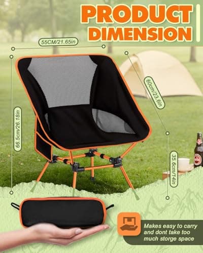 Trongle Ultra Lightweight Camping Chair for Adults, Portable Camping Chairs with Pocket & Carry Bag, Compact Heavy Duty Folding Chairs for Travel, Backpacking, Hiking, Picnics, Fishing (Orange) — view 2