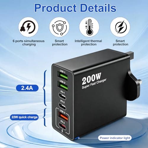 200W USB C Charging Station 6 Port Fast Charger Hub with PD GaN III — view 3