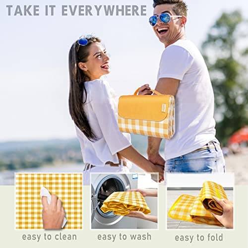 SAMSIER Outdoor Picnic Blankets Waterproof Foldable Sandproof, Large Gingham Cute Picnic Mat Washable Portable for Park Beach Camping Courtyard (Yellow, 200 x 200cm/80"×80") — view 5