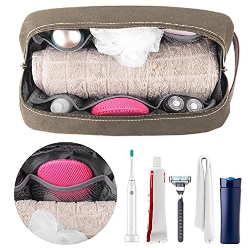 Seemeroad Travel Toiletry Bag for Men and Women, Canvas Toiletry Organizer Water-Resistant Vegan Leather, Hanging Dopp Kit Shaving Bag for Toiletries Accessories (Army Green, Large) — view 4