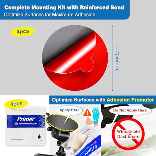Dash Cam Mount Adhesive Pads – 4-Pack 56mm Round Double-Sided Pads Made with 3M VHB – Heat-Resistant Tape for Windscreen, Dashboard, GPS & Camera Holders – Includes 4 Adhesion Promoters — view 2