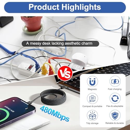 Magnetic USB C Cable 60W, Coiled USB-C to USB-C Retractable Nylon 1M — view 3