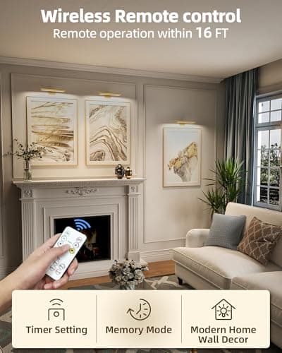 EZVALO Picture Light for Wall, Rechargeable 2400mAh Battery Lights with Wireless Remote, Dimmable Magnetic LED Art Painting Light with 3 Color Temperatures (Pack of 1, Gold) — view 6