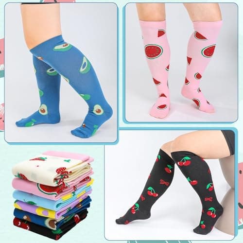 Zuimei 6 Pair Women Plus Size Leg Compression Socks, Fruit Pattern Wide Calf Compression Support Socks for Women, Ideal for Flight Travel Varicose Veins 2XL — view 2