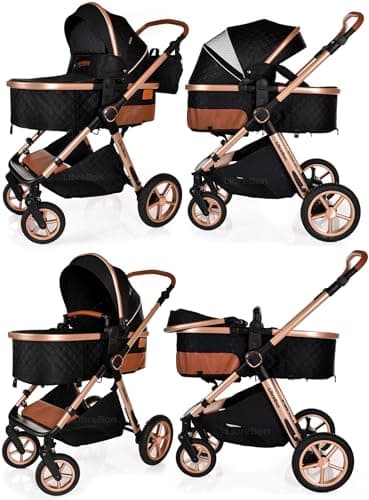 Baby Buggy Pram Pushchair Stroller 3 in 1 Child Lightweight Folding Stroller 3 in 1 Travel System Pram for Newborns & Toddlers from Birth Aluminum (Black - Rose Gold Frame) — view 3