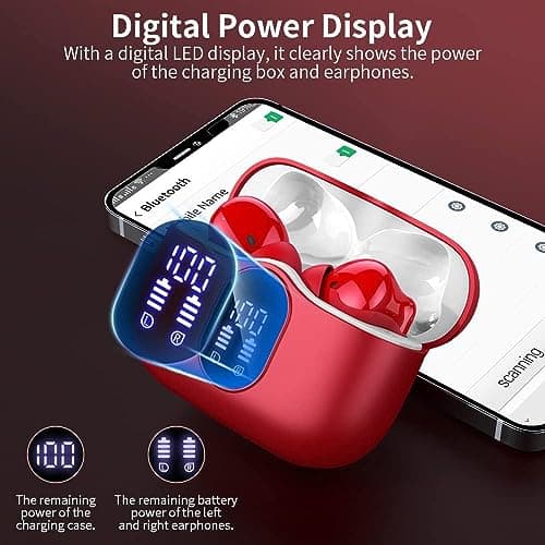 Wireless Earbuds, Bluetooth 5.4 Headphones In Ear with 4 ENC Mic, 2025 New Wireless Earphones Noise Cancelling Deep Bass, LED Display, Bluetooth Earbuds 36H Playtime, IP7 Waterproof Ear buds USB-C Red — view 5