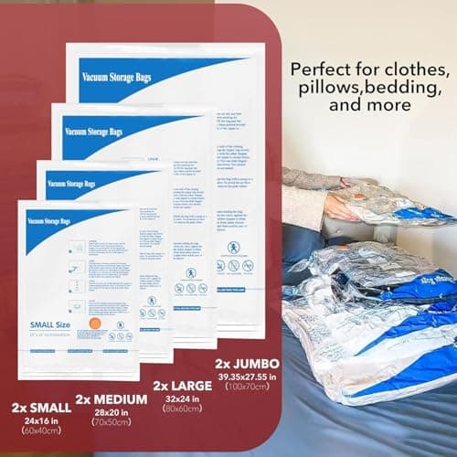 Vacuum Storage Bags Space Saver Sealer Bags,Compression Bags for Clothes, Pillows, Comforters, Blankets, Bedding 8 Pack with Electric Air Pump — view 2
