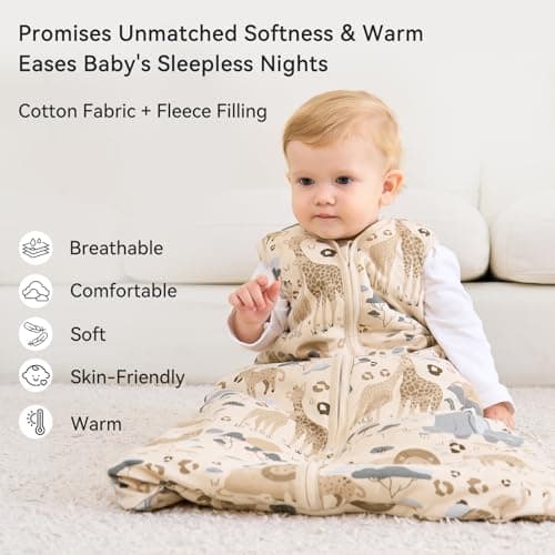 Unnivoll Baby Sleeping Bag 2.5 Tog 0-6 Months 100% Cotton Winter Sleeping Bag Baby 2-Way Zipper Quilted Sleep Sack for Newbron Infant Warm Soft Apricot Zebra — view 2