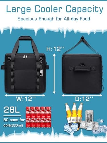 Insulated Soft Cooler Bag 12"x12"x12" Large Leakproof Soft Sided Ice Chest for Travel Beach Camping, 50 Cans Portable Cooler Box for Grocery Shopping, Road Trips, Black — view 2