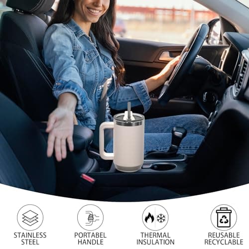 WATERSY Travel Mug Coffee Cup 40oz Tumbler Straw Lid and Handle, Stainless Steel Double Wall Vacuum Insulated Coffee Water Bottle Thermal for Cold Hot Coffee 1182ml Ivory Beige — view 6