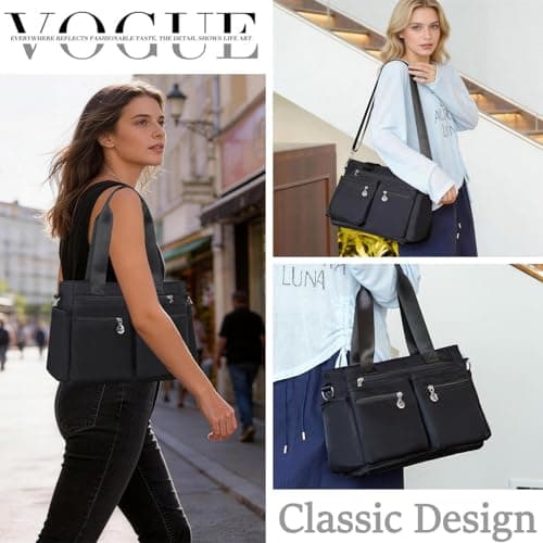 Bagtopia Nylon Tote Bag for Women, Multi Pockets Crossbody Purse for Work Travel, Waterproof Shoulder Bag with Zipper (Black) — view 2