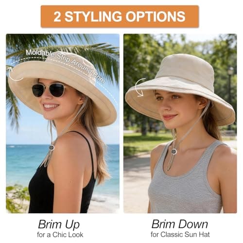 AYPOW Women Sun Hat UV Protection Wide Brim Bucket Hats, Quick-Drying Water-Resistant Fold Up Brim Summer Beach Cap, Foldable Adjustable Garden Caps for Outdoor Fishing Travel Hiking Beige — view 4