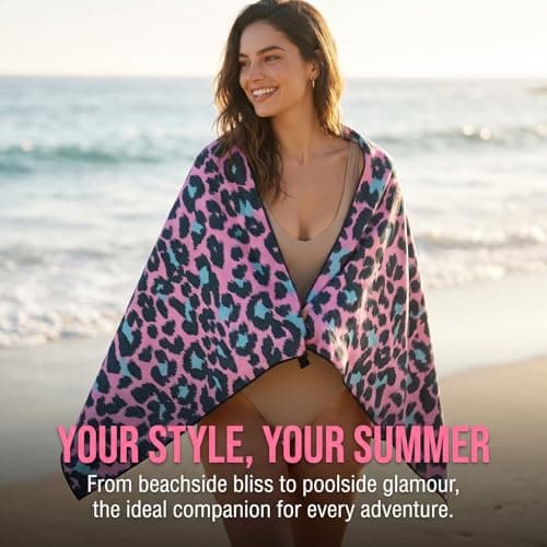 Merzio Large Microfibre Beach Towel for Adults, Pink Leopard Print Sand Free Beach Towels, Lightweight Quick Dry Travel Swimming Towel, Compact Bath Sheet for Pool Holiday Yoga Gym(160x90cm) — view 5