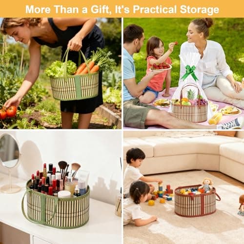 2-Pack Woven Bamboo Gift Basket Set, with 2 Bags, Bows, Cards & Fill, Easter Christmas Birthday Housewarming Hamper, Home Storage & Decor Organiser (Brown & Green) — view 6