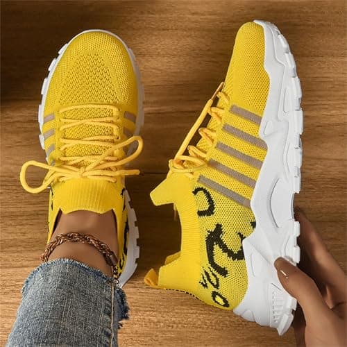 Sling Back Shoes Women Women Trainers Wide Fit Wedge Walking Sneakers Casual Fashion Non Slip Walking Shoes Lightweight Low Top Lace Up Orthopedic Trainer Arch Support Footwear Yellow 4.5 — view 2
