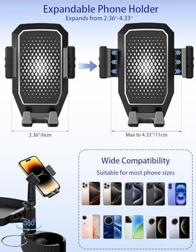 Figtacico Car Cup Holder Tray - 4 in 1 Car Cup Holder Expander with Metal Cupholder, Detachable Tray and Adjustable Phone Mount for All Purpose, Automotive Essentials for Driver and Front Passenger — view 4