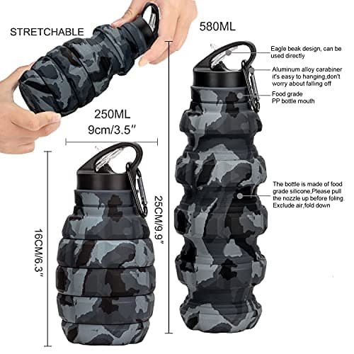 Collapsible Travel Water Bottle 19.6 oz, Reusable Silicone Collapsible Water Bottle for School, Office, Gym, Camping and Hiking, Portable Leak Proof Sports Bottle with Carabiner (Dark grey camouflage) — view 2
