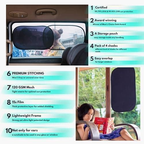 Car Window Shades - Certified 99.79% UVA & 99.95% UVB Sun Protection. Award Winning car Sun Shade for Side Windows. 4 Pack Transparent Shades 20" x 12" - Car Accessories Interior by Kinder Fluff — view 3