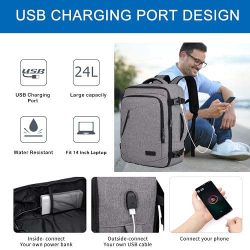 Cabin Bags 40x30x20 for Ryanair Eurowings Wizz Air Underseat 24L Small Travel Backpack Cabin Size Rucksack for Plane Hand Luggage Backpack Flight Bag Ryan Air Cabin Bag with USB Charging Port-Grey — view 3