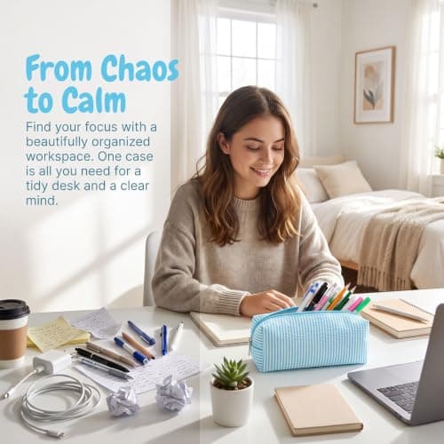 Dooaqiin Cute Pencil Case,Light Blue Pencil Case,Large Capacity Aesthetic Pencil,Stationery Organizer for Girls Secondary School Kids Travel Cosmetics — view 4