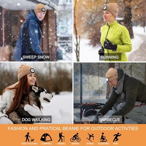 COTOP LED Beanie with Light,USB Rechargeable Hat Hands Free 4 LED Headlamp Cap Winter Knitted Night Lighted Hat Flashlight Women Men Gifts for Dad Him Husband Brown — view 6