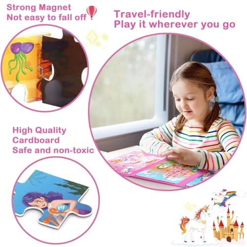 Lemicin Magnetic Puzzle Book Game - 75pcs 3 in 1 Unicorn Mermaid Princess Magnetic Puzzles Car Airplane Road Trip Activities Travel Toys for 3 4 5 6 Year Old Girls Birthday Gifts — view 3