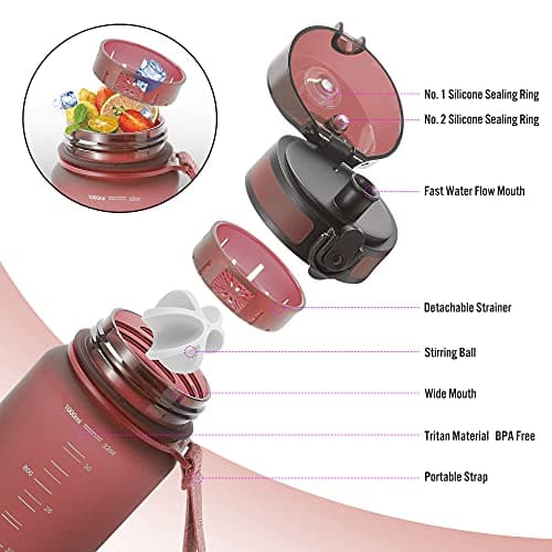 PROIRON Water Bottle 1L for Bike, Running, Cycling, Gym, Leak Proof Sports Water Bottles with Flip Top Lid, Filter & Protein Shaker Included, Red — view 3